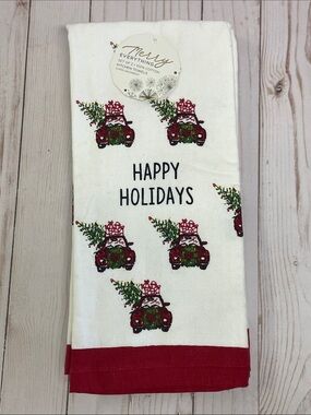 Merry Everything Kitchen Dish Towels Set 2 Red Farmhouse Car Christmas Tree NEW